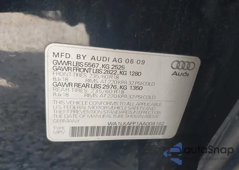 2010 Audi Q5 3.2 Premium from USA, damaged, VIN WA1LKAFP1AA004162